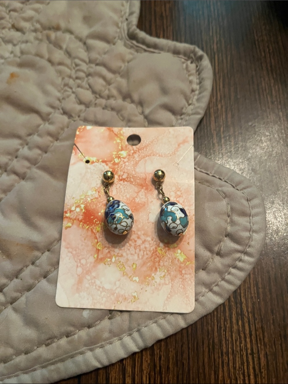 Blue Floral Drop Earrings - Gold Accent